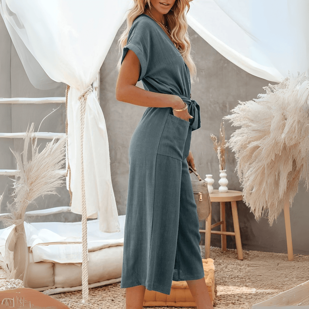 Maggie-Blue Dolman Button Belted V Neck Wide Leg Pocketed Jumpsuit - Courbe et Compagnie