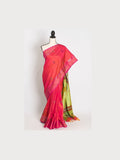 Malini : Bishnupur Katan Silk Saree in Peach Orange and Green - Courbe et Compagnie