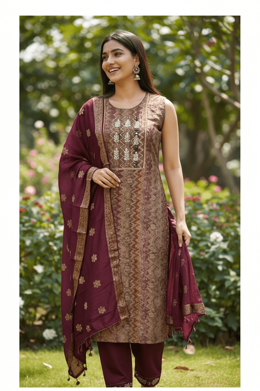 Modal Silk Salwar Suit with Three-Quarter Sleeves - Courbe et Compagnie