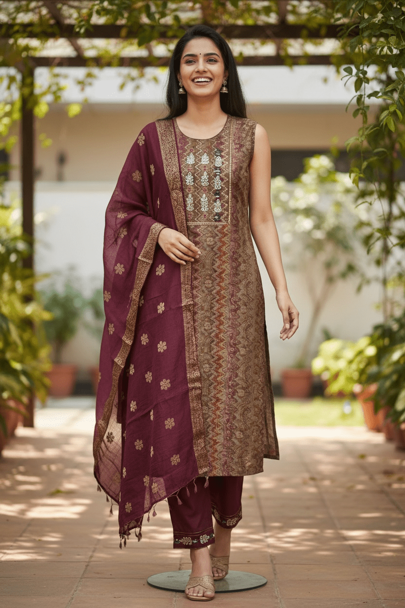 Modal Silk Salwar Suit with Three-Quarter Sleeves - Courbe et Compagnie