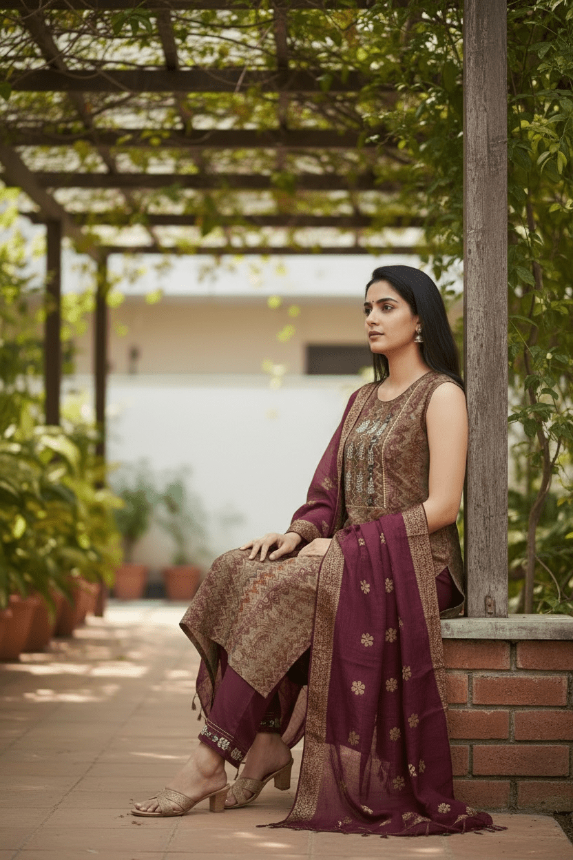 Modal Silk Salwar Suit with Three-Quarter Sleeves - Courbe et Compagnie