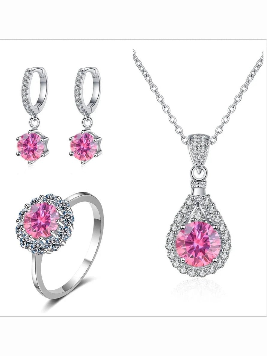 Moissanite Jewelry Set 925 Sterling Silver Ring Earring Pendant Necklace Bridal - Courbe et Compagnie