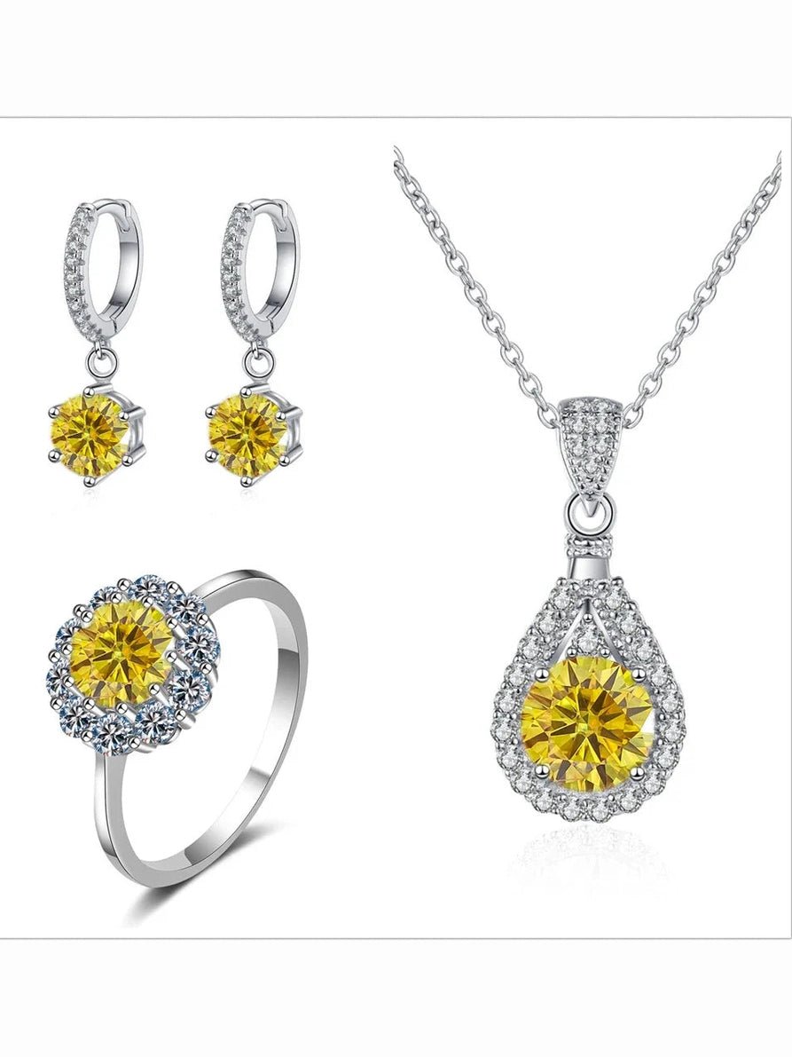 Moissanite Jewelry Set 925 Sterling Silver Ring Earring Pendant Necklace Bridal - Courbe et Compagnie