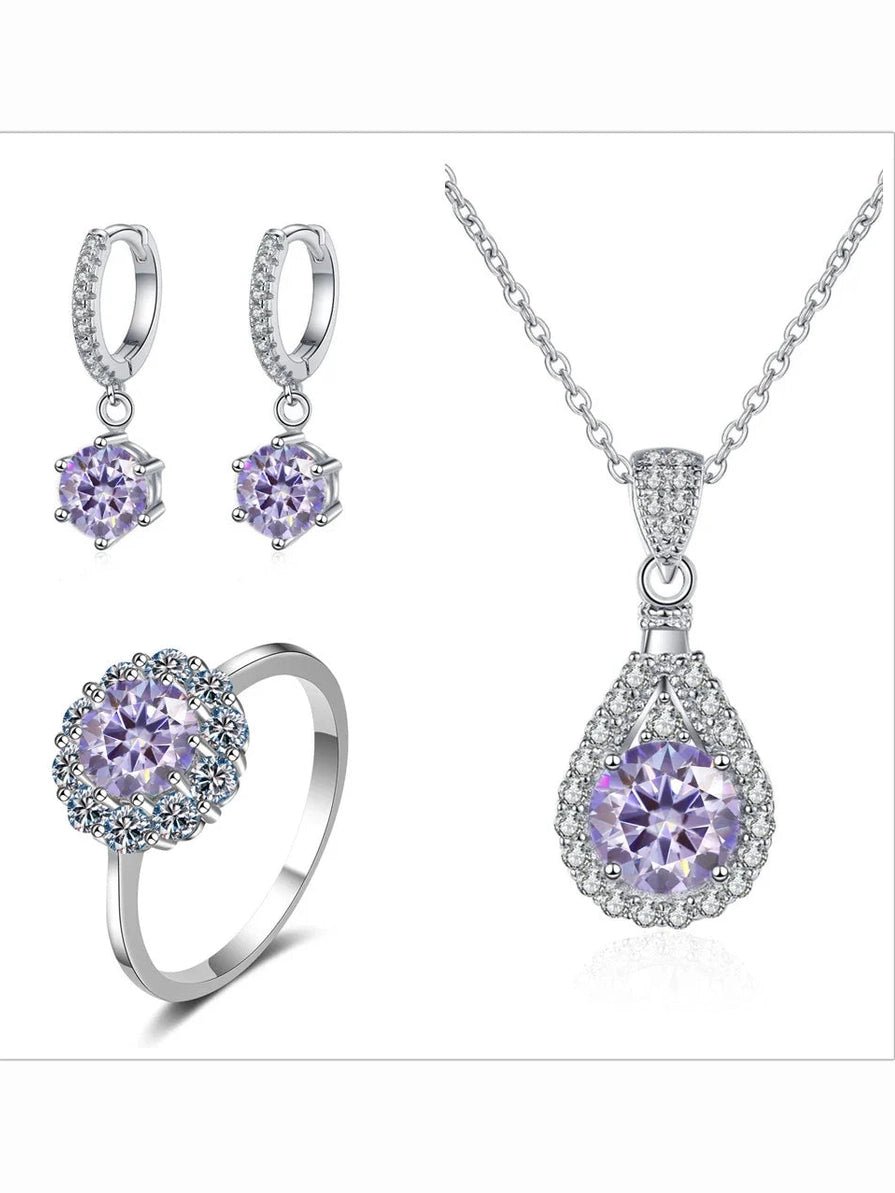 Moissanite Jewelry Set 925 Sterling Silver Ring Earring Pendant Necklace Bridal - Courbe et Compagnie