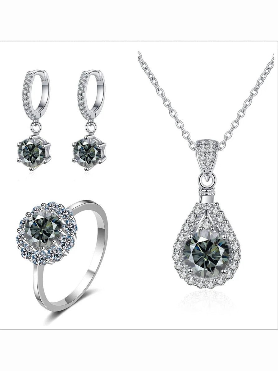 Moissanite Jewelry Set 925 Sterling Silver Ring Earring Pendant Necklace Bridal - Courbe et Compagnie
