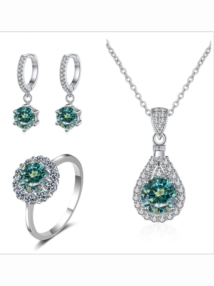 Moissanite Jewelry Set 925 Sterling Silver Ring Earring Pendant Necklace Bridal - Courbe et Compagnie
