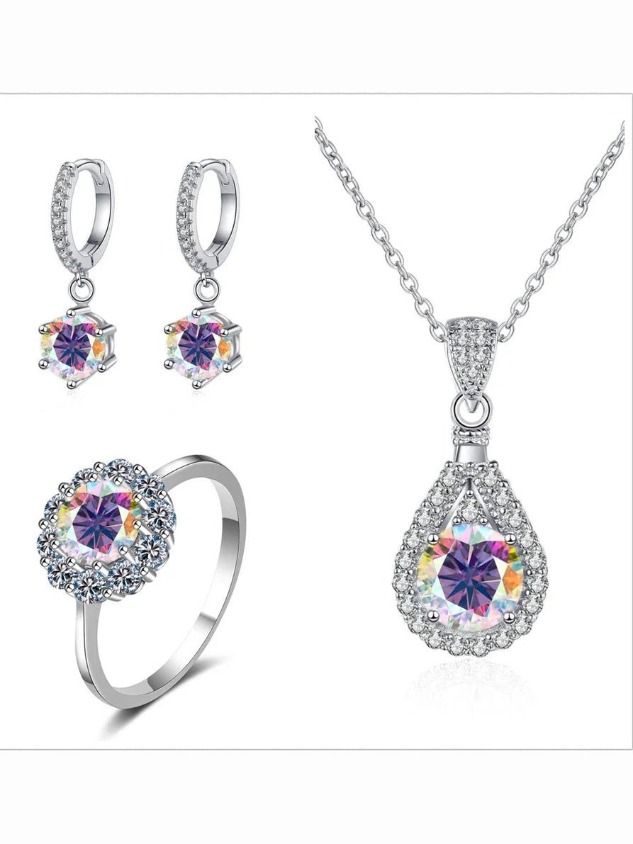 Moissanite Jewelry Set 925 Sterling Silver Ring Earring Pendant Necklace Bridal - Courbe et Compagnie
