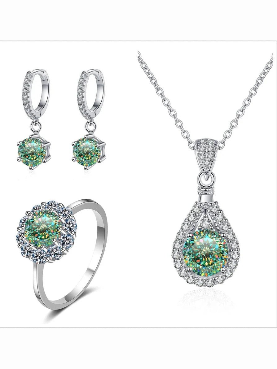 Moissanite Jewelry Set 925 Sterling Silver Ring Earring Pendant Necklace Bridal - Courbe et Compagnie