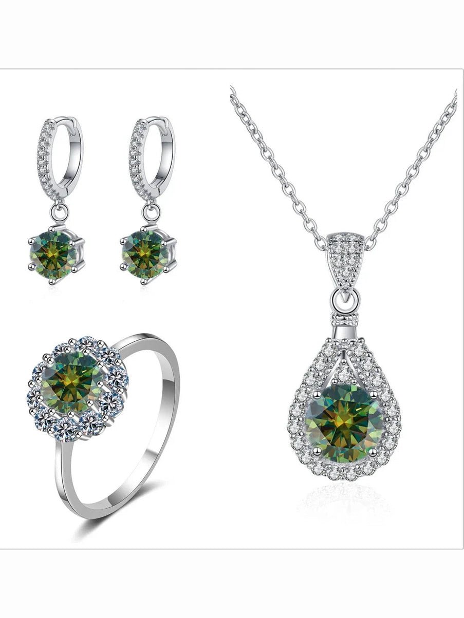 Moissanite Jewelry Set 925 Sterling Silver Ring Earring Pendant Necklace Bridal - Courbe et Compagnie