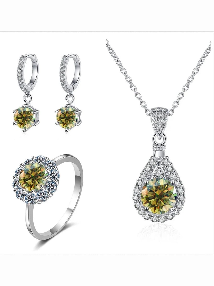 Moissanite Jewelry Set 925 Sterling Silver Ring Earring Pendant Necklace Bridal - Courbe et Compagnie