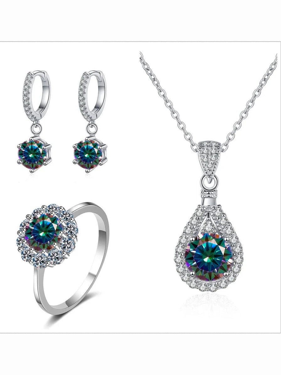 Moissanite Jewelry Set 925 Sterling Silver Ring Earring Pendant Necklace Bridal - Courbe et Compagnie