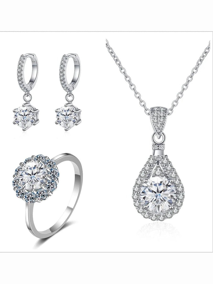 Moissanite Jewelry Set 925 Sterling Silver Ring Earring Pendant Necklace Bridal - Courbe et Compagnie