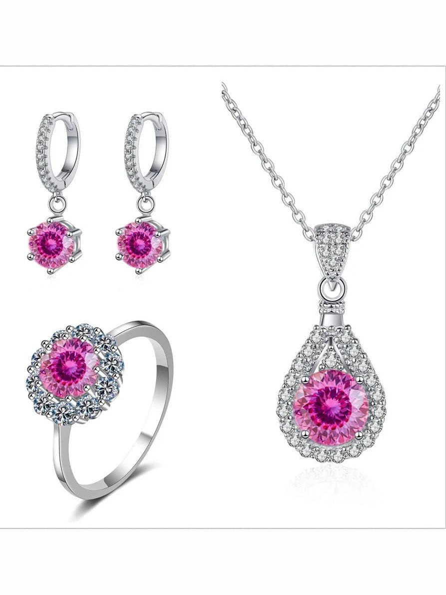 Moissanite Jewelry Set 925 Sterling Silver Ring Earring Pendant Necklace Bridal - Courbe et Compagnie