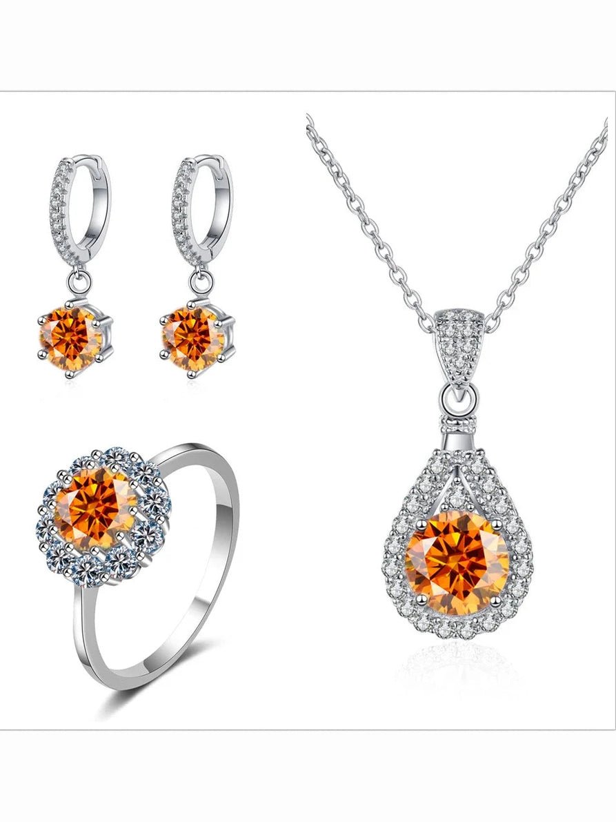 Moissanite Jewelry Set 925 Sterling Silver Ring Earring Pendant Necklace Bridal - Courbe et Compagnie