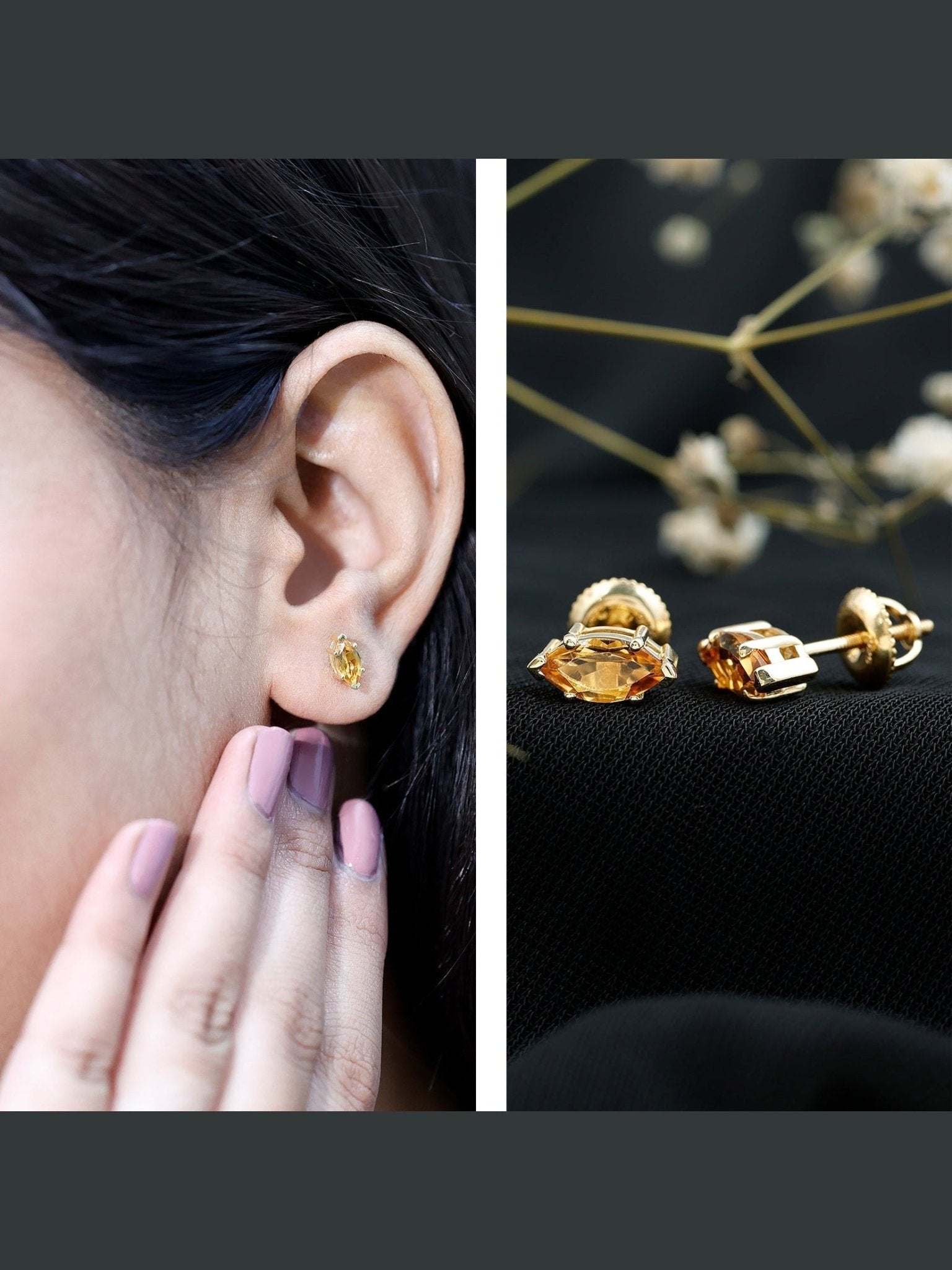 Natural 1.48 Carat Marquise Cut Citrine Stud Earrings - Courbe et Compagnie