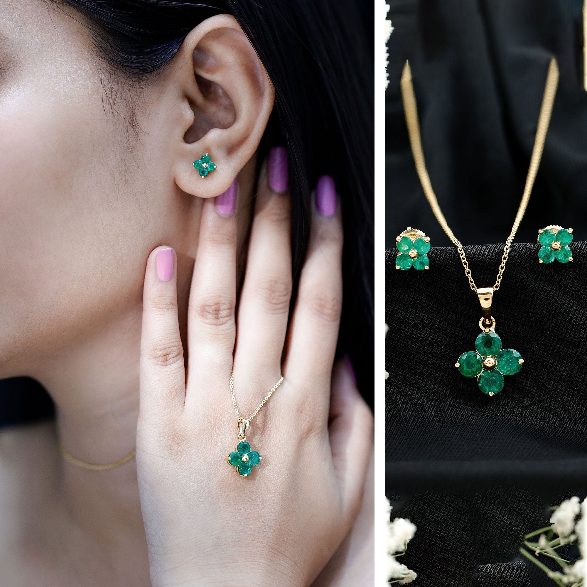 Natural Emerald Clover Jewelry Set for Women - Courbe et Compagnie