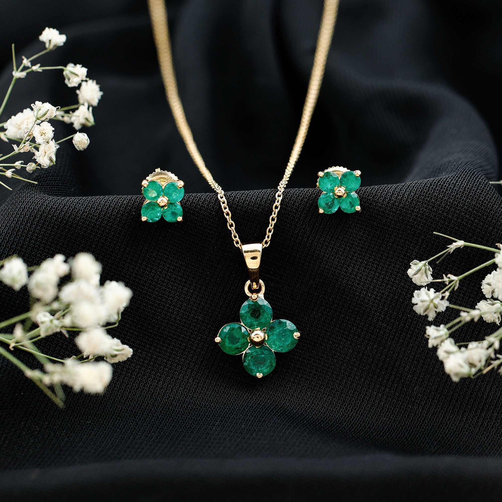 Natural Emerald Clover Jewelry Set for Women - Courbe et Compagnie