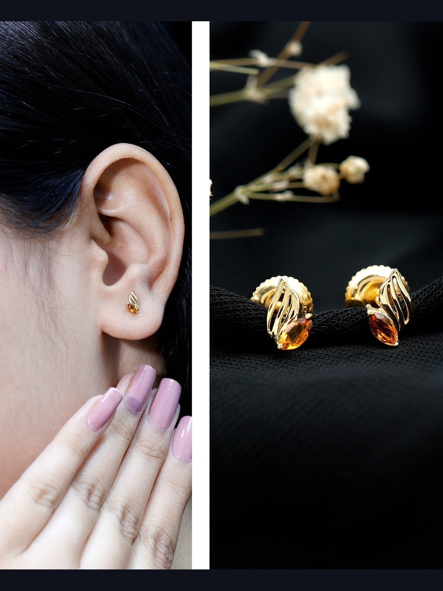 Nature Inspired Citrine Leaf Earrings in Gold Plated Silver - Courbe et Compagnie
