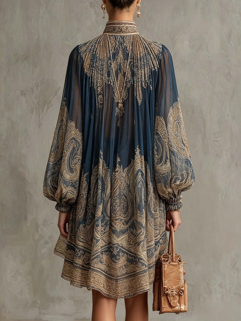 Navy Blue Printed Puff Sleeve Stand Collar Dress – Loose Boho Asymmetric Hem Dress for Women - Courbe et Compagnie