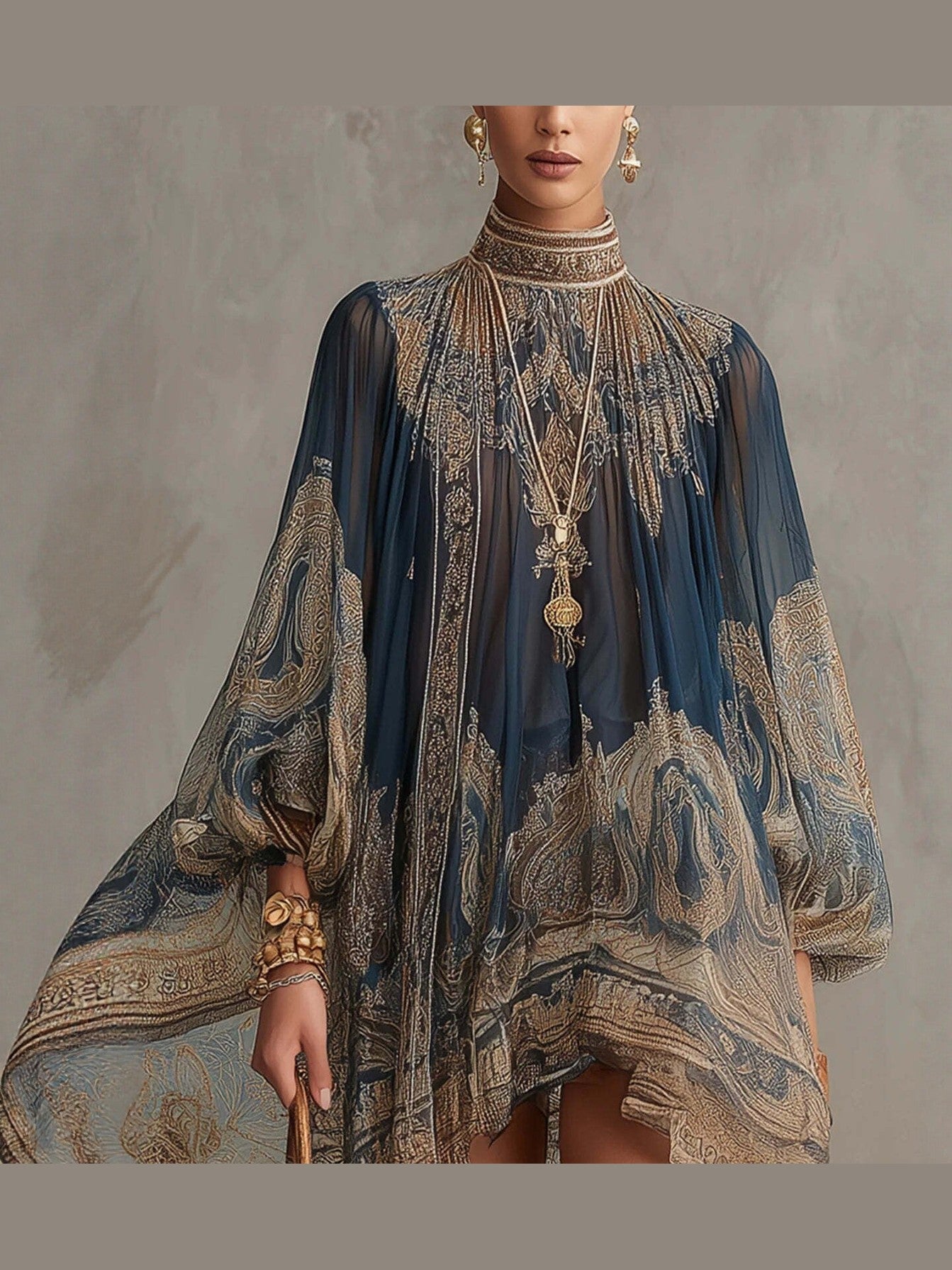 Navy Blue Printed Puff Sleeve Stand Collar Dress – Loose Boho Asymmetric Hem Dress for Women - Courbe et Compagnie