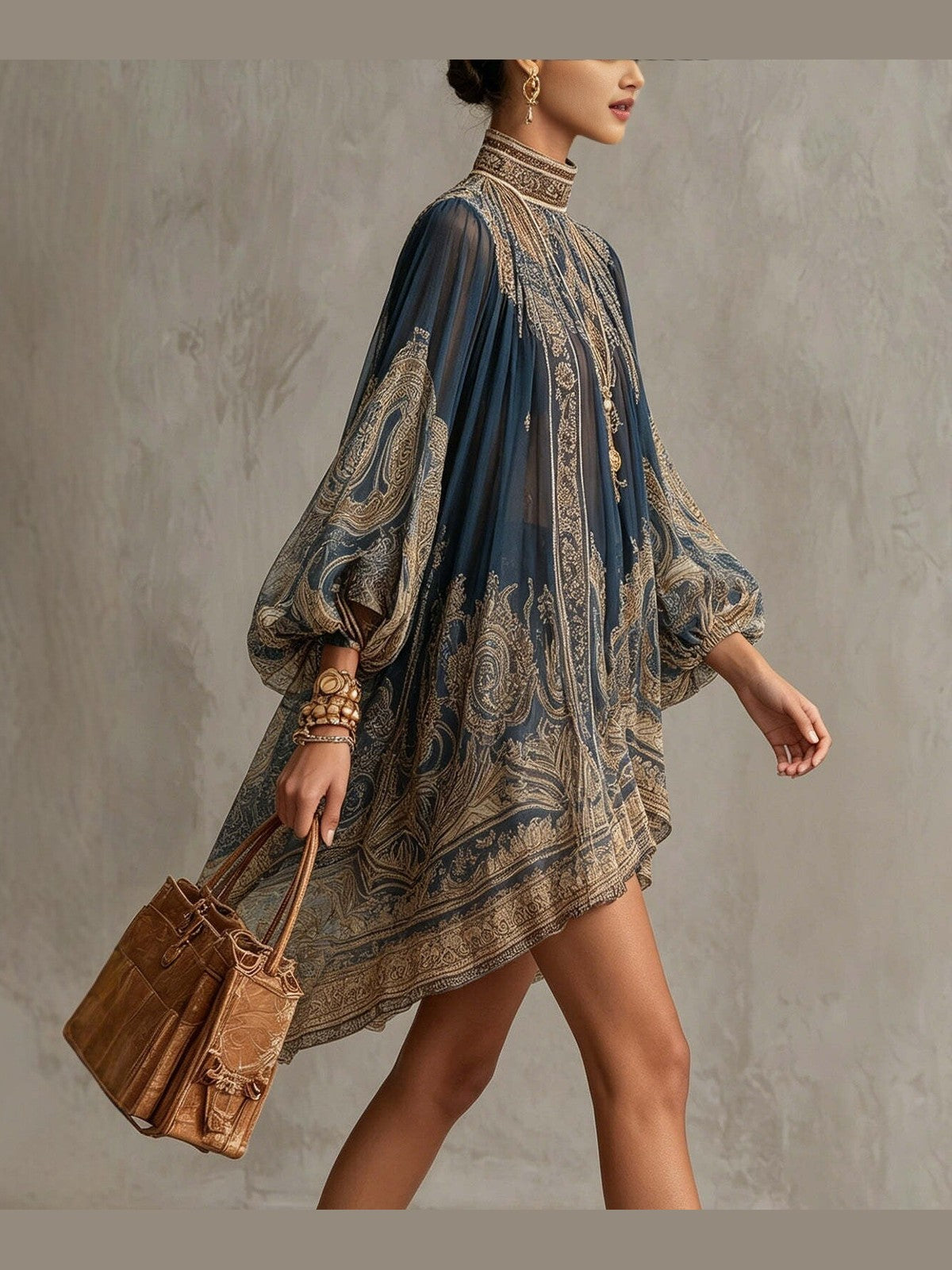 Navy Blue Printed Puff Sleeve Stand Collar Dress – Loose Boho Asymmetric Hem Dress for Women - Courbe et Compagnie