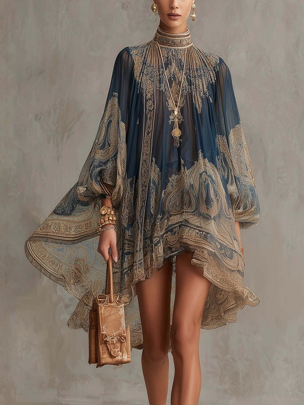 Navy Blue Printed Puff Sleeve Stand Collar Dress – Loose Boho Asymmetric Hem Dress for Women - Courbe et Compagnie