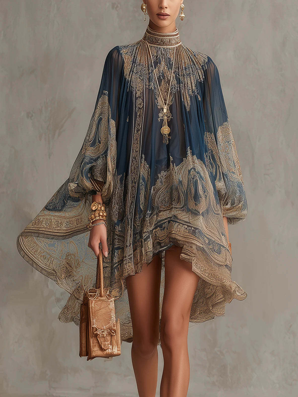 Navy Blue Printed Puff Sleeve Stand Collar Dress – Loose Boho Asymmetric Hem Dress for Women - Courbe et Compagnie
