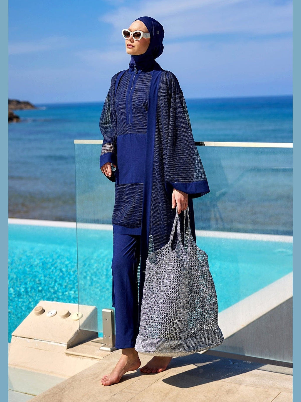 Navy Full Length Modest Mesh Kimono – Lightweight Islamic Swim Cover P2501-2 - Courbe et Compagnie