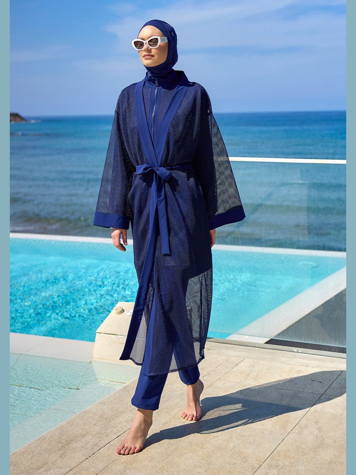 Navy Full Length Modest Mesh Kimono – Lightweight Islamic Swim Cover P2501-2 - Courbe et Compagnie
