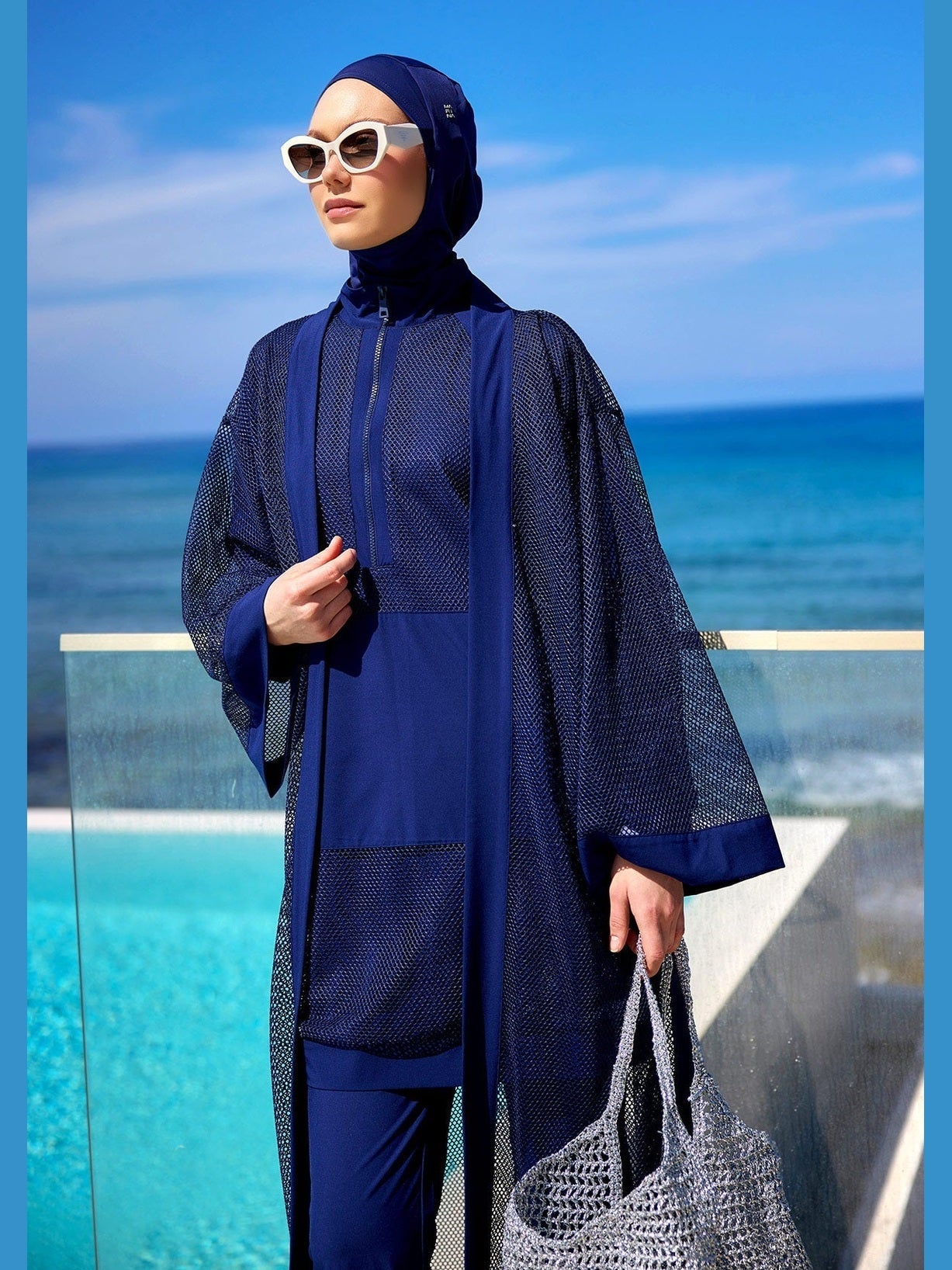 Navy Full Length Modest Mesh Kimono – Lightweight Islamic Swim Cover P2501-2 - Courbe et Compagnie