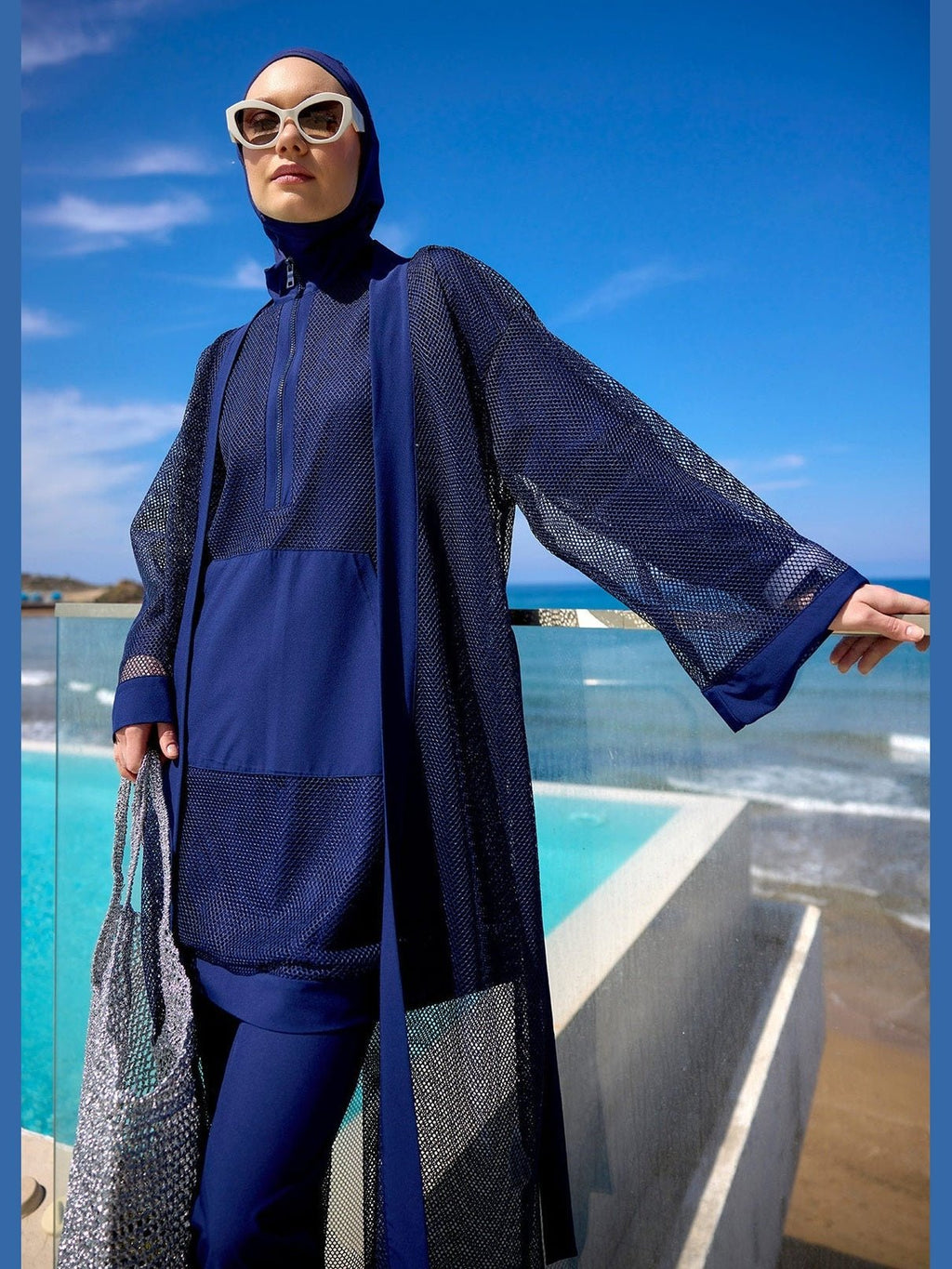 Navy Full Length Modest Mesh Kimono – Lightweight Islamic Swim Cover P2501-2 - Courbe et Compagnie