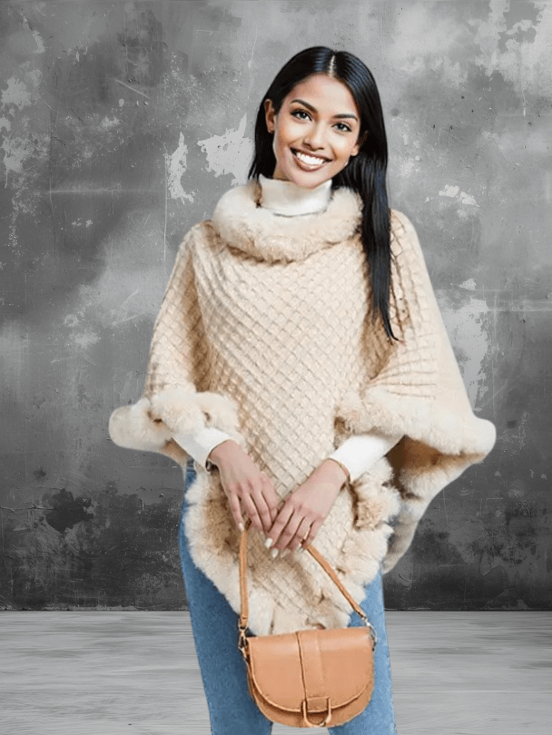 New Luxury Rabbit Fur Collar Shawl Cape for women Elegant Autumn Winter Fashion - Courbe et Compagnie