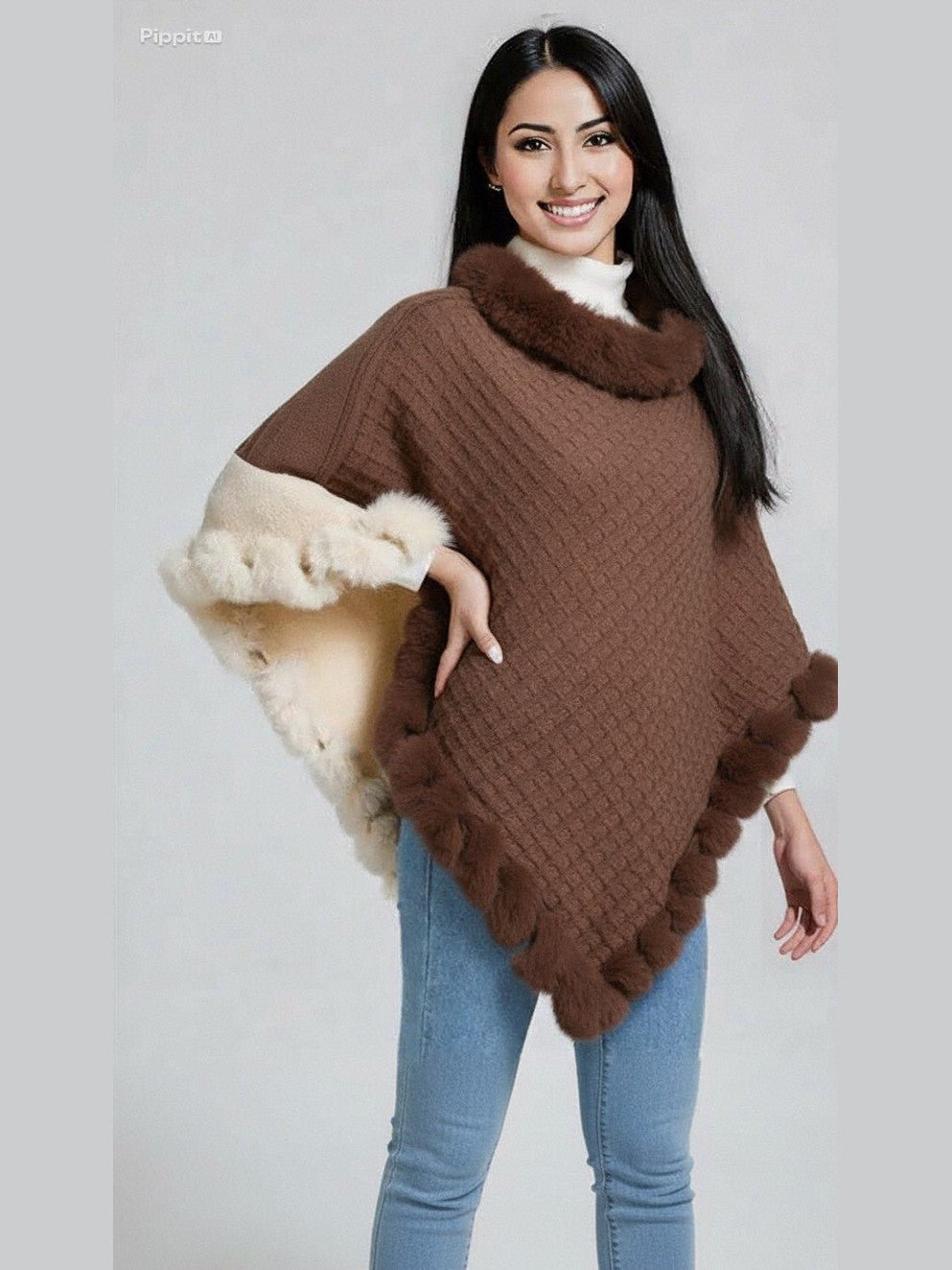 New Luxury Rabbit Fur Collar Shawl Cape for women Elegant Autumn Winter Fashion - Courbe et Compagnie