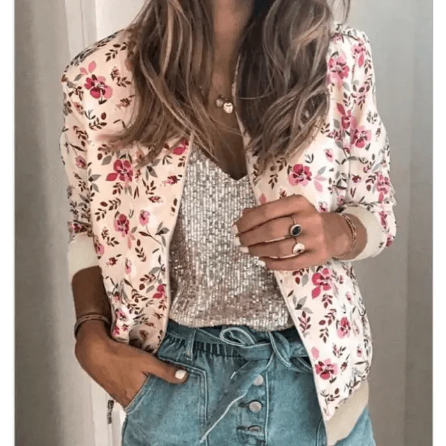 New Vintage Style Autumn Plus Size Printed Bomber Jacket For Women Pockets Zipper Long Sleeve Coat For Female Flower Chiffon White Jacket Woman