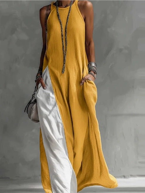 Off-Shoulder Color-Block Flared Maxi Dress with Pockets | 5 Colors - Courbe et Compagnie