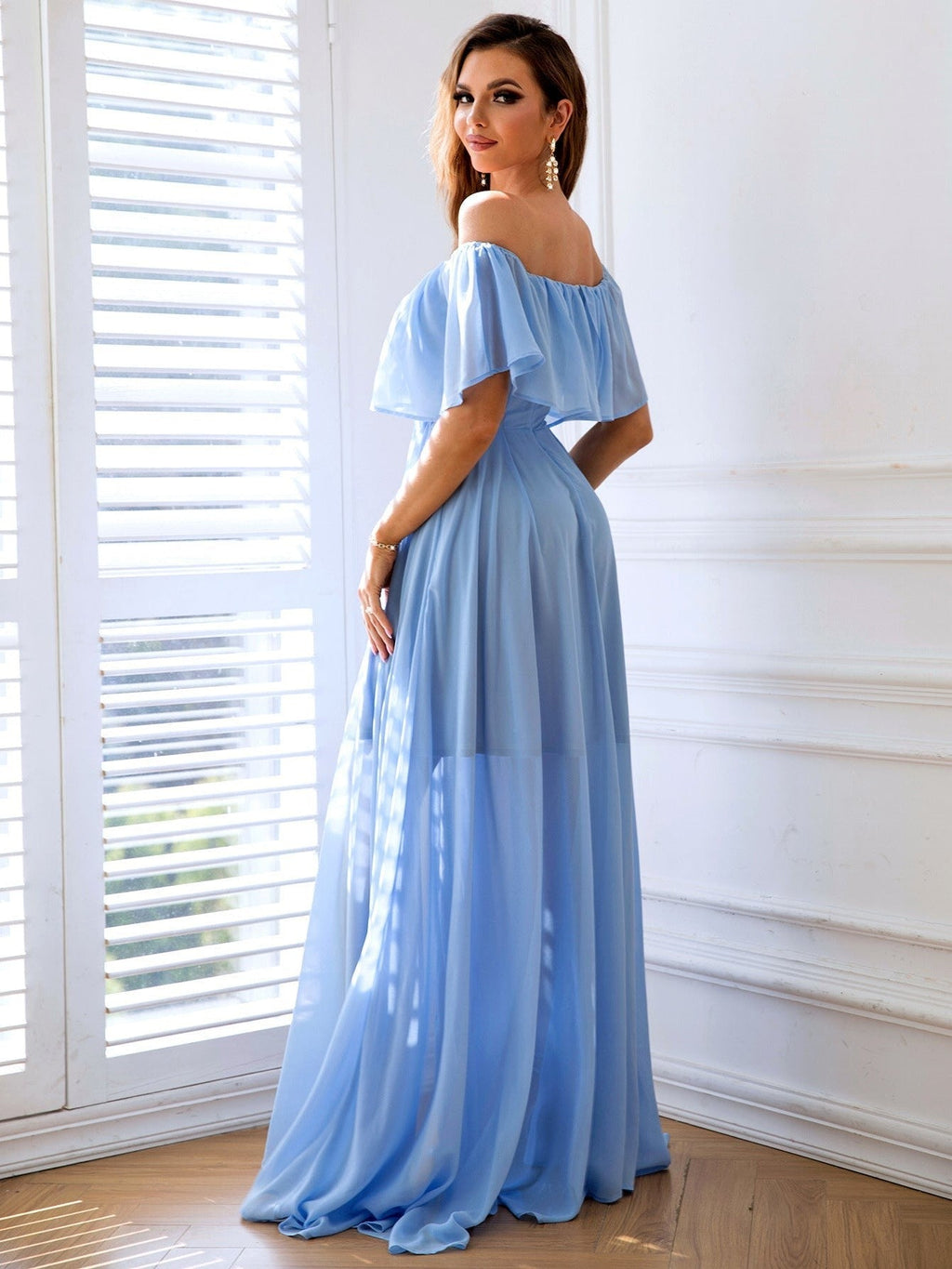 Off-Shoulder Ruffle Maxi Dress with Slit - Courbe et Compagnie