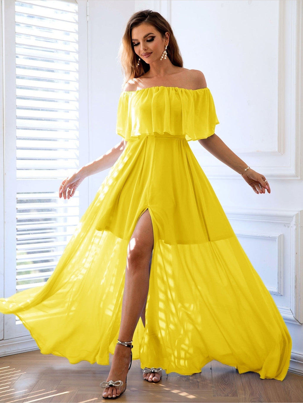 Off-Shoulder Ruffle Maxi Dress with Slit - Courbe et Compagnie