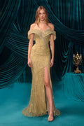 Off-Shoulder Sequin Fitted Gown | Thigh-High Slit - Courbe et Compagnie