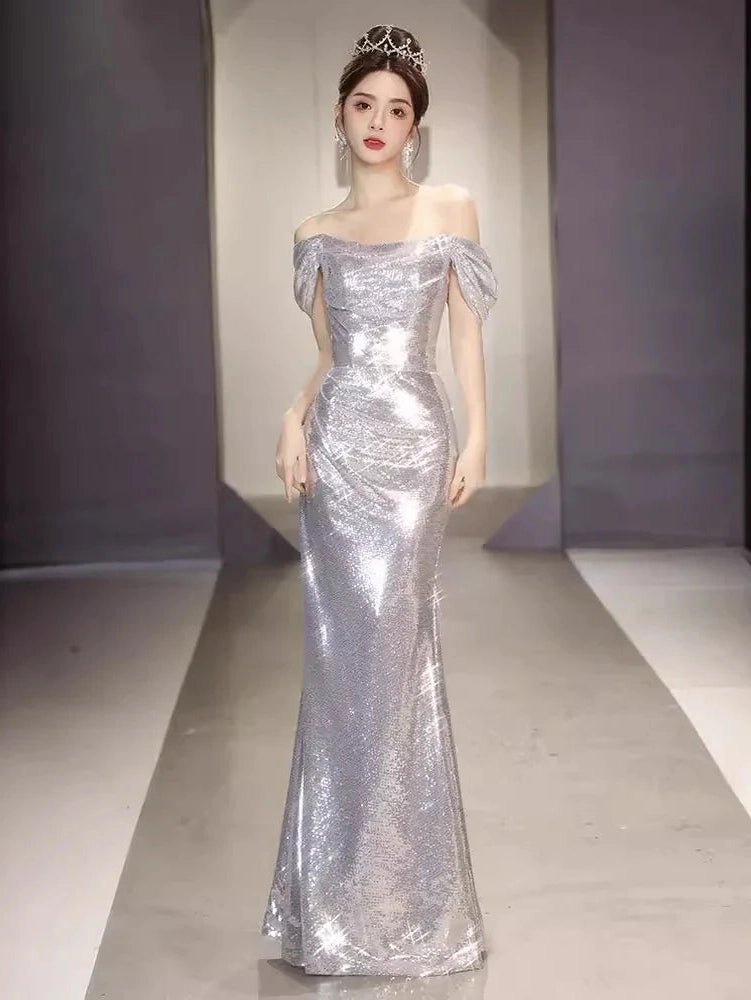 Off-Shoulder Silver Paillette Evening Dress for Women - Courbe et Compagnie