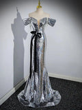 Off-Shoulder Silver Paillette Evening Dress for Women - Courbe et Compagnie