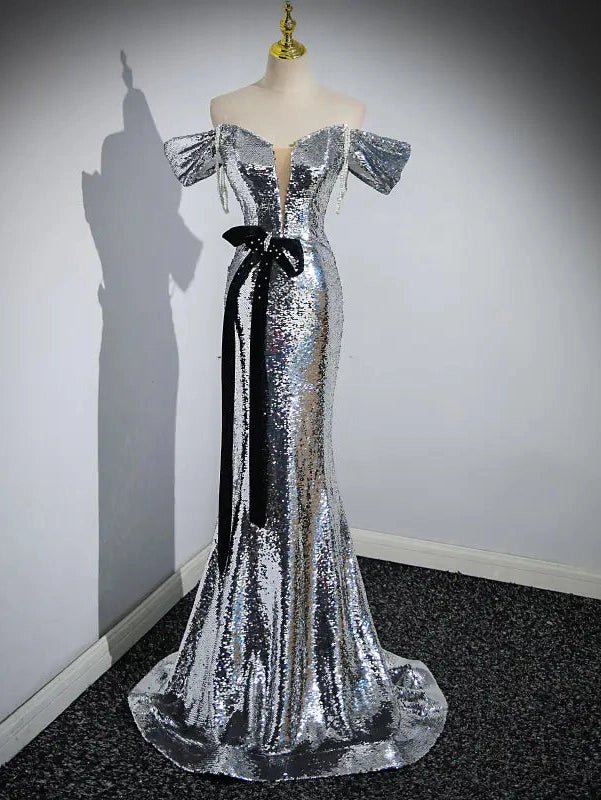 Off-Shoulder Silver Paillette Evening Dress for Women - Courbe et Compagnie
