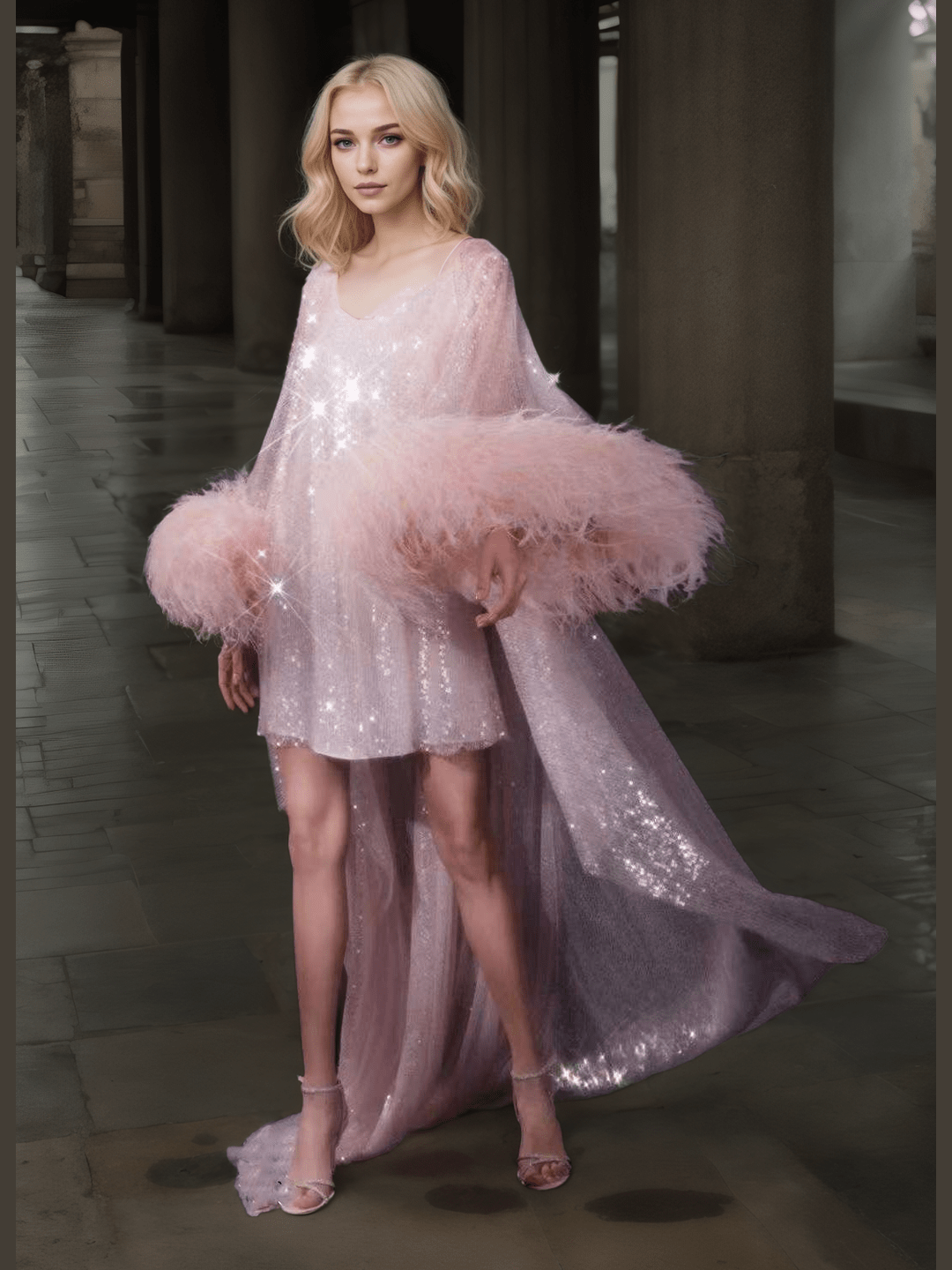 Ostrich Feather sequin mesh long robe dress with nightgown pink ivory-next day shipping - Courbe et Compagnie