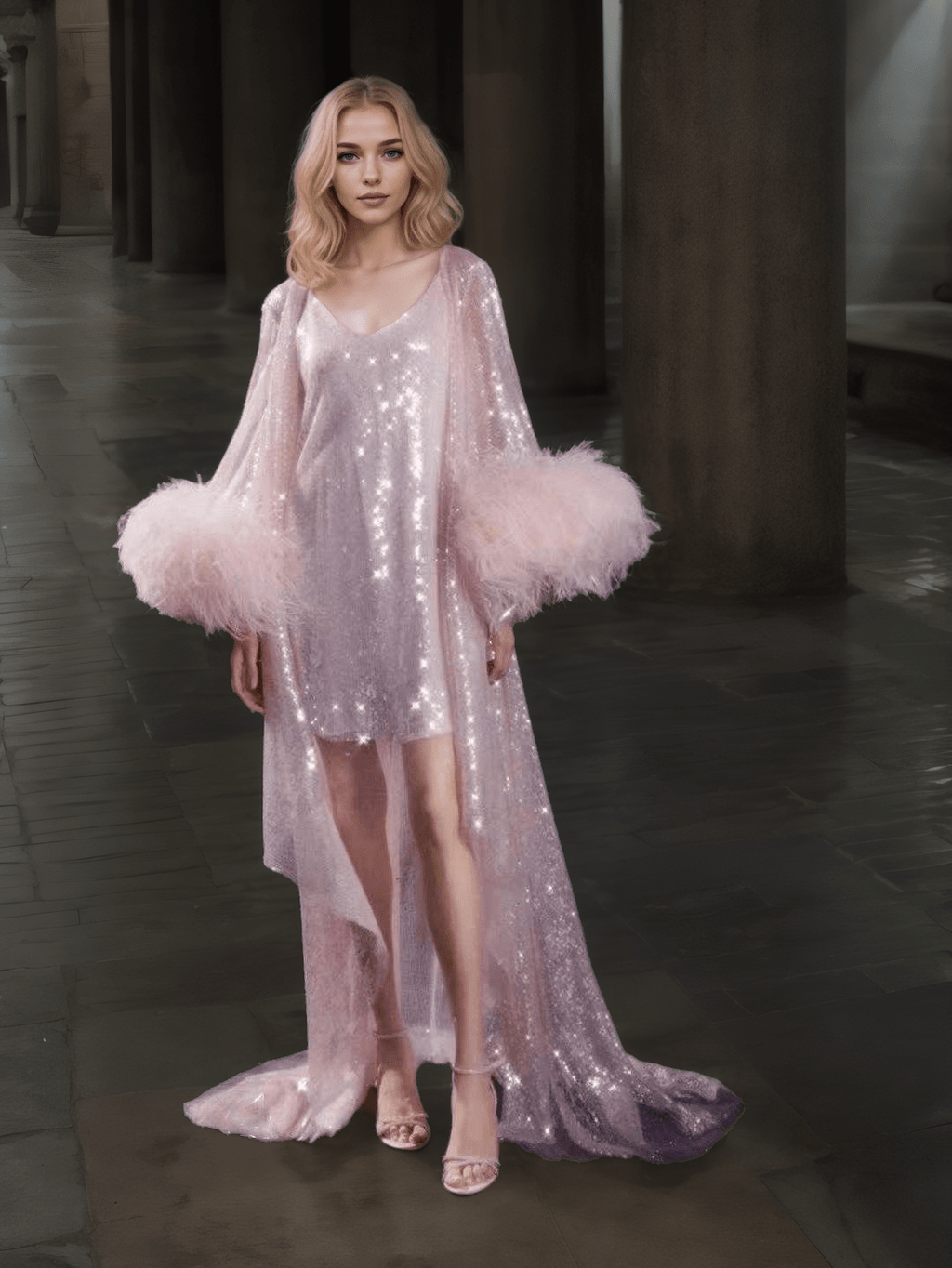 Ostrich Feather sequin mesh long robe dress with nightgown pink ivory-next day shipping - Courbe et Compagnie