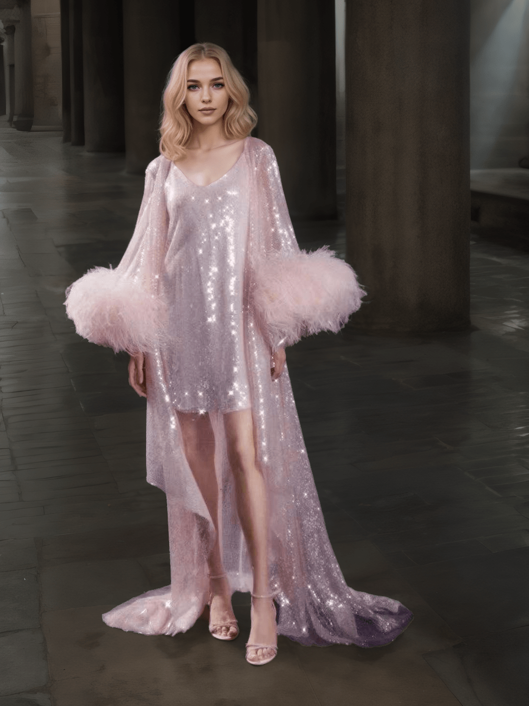Ostrich Feather sequin mesh long robe dress with nightgown pink ivory-next day shipping - Courbe et Compagnie