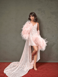 Ostrich Feather sequin mesh long robe dress with nightgown pink ivory-next day shipping - Courbe et Compagnie