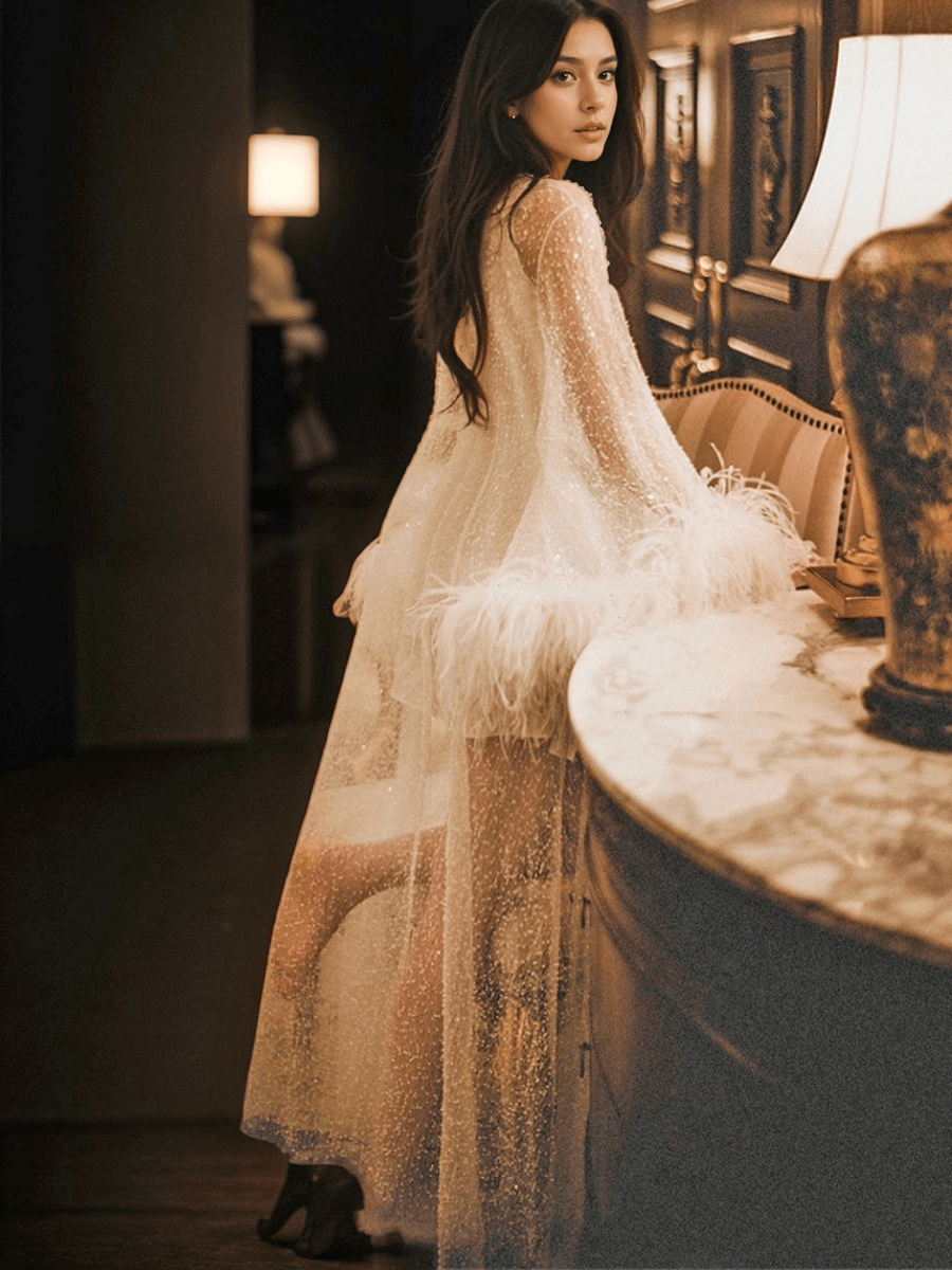 Ostrich Feather sequin mesh long robe dress with nightgown pink ivory-next day shipping - Courbe et Compagnie