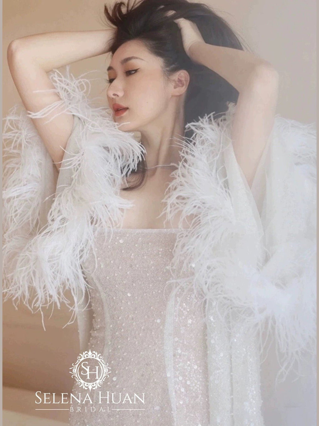 Ostrich Feather sequin mesh long robe dress with nightgown pink ivory-next day shipping - Courbe et Compagnie