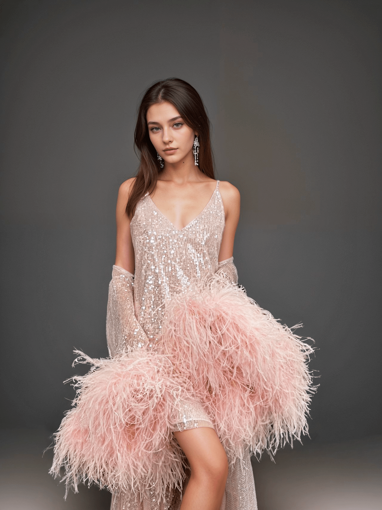 Ostrich Feather sequin mesh long robe dress with nightgown pink ivory-next day shipping - Courbe et Compagnie