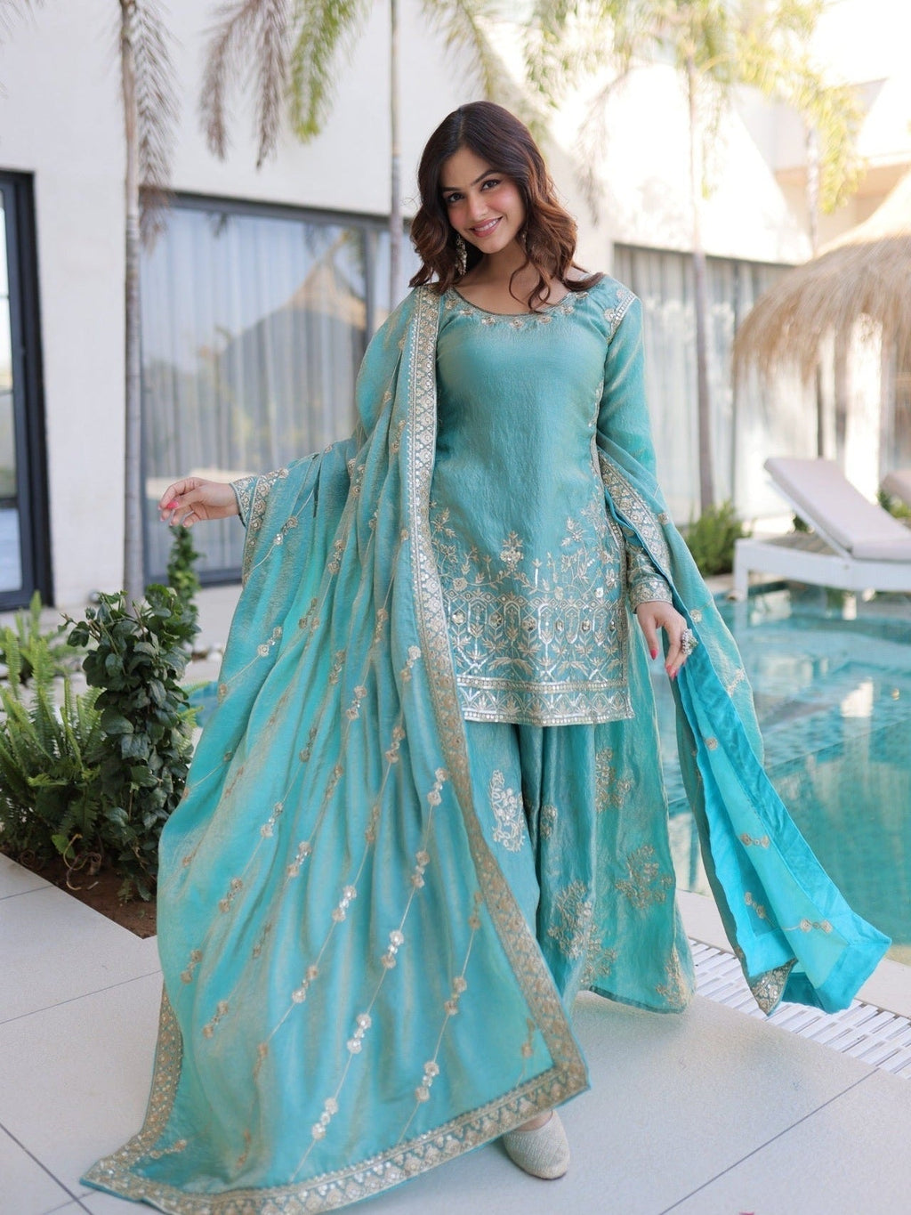 Party Wear Sharara Suit — Sky Blue & Light Pink - Courbe et Compagnie