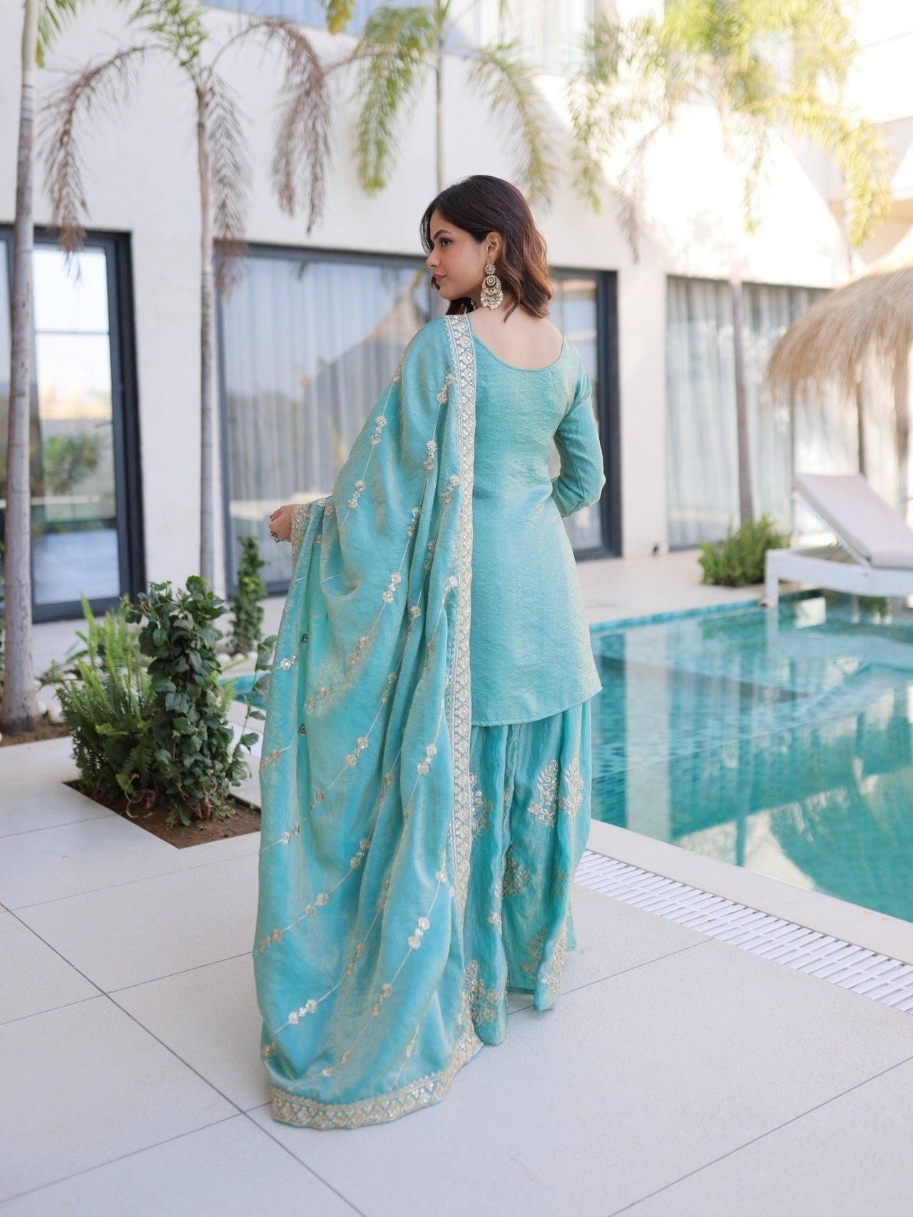 Party Wear Sharara Suit — Sky Blue & Light Pink - Courbe et Compagnie